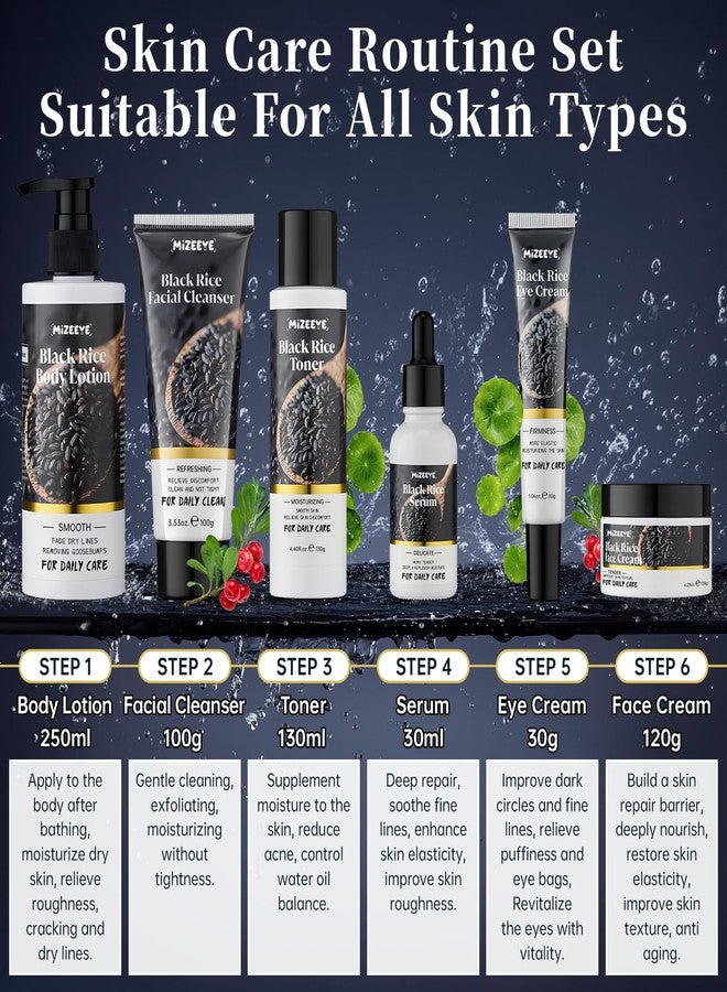 MIZEEYE Natural Black Rice Skin Care Routine Set For Women, Anti Aging Face Kit With Face Wash, Toner, Serum, Body Lotion, Cream, Eye Cream, 6 PCS Skin Care Gift Set For All Skin Types, Acne, Fine Lines - Image 5